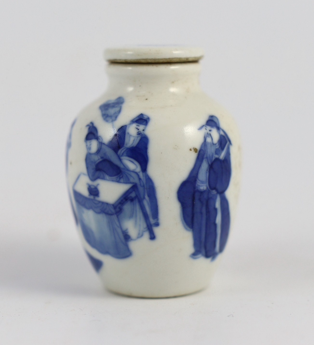 A Chinese blue and white 'scholars' snuff bottle and original stopper, 19th century, 5.8 cm high